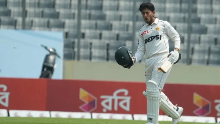 Azan Awais celebrating after scoring a century on Test debut for Pakistan against Bangladesh in Dhaka during BAN vs PAK first Test 2026