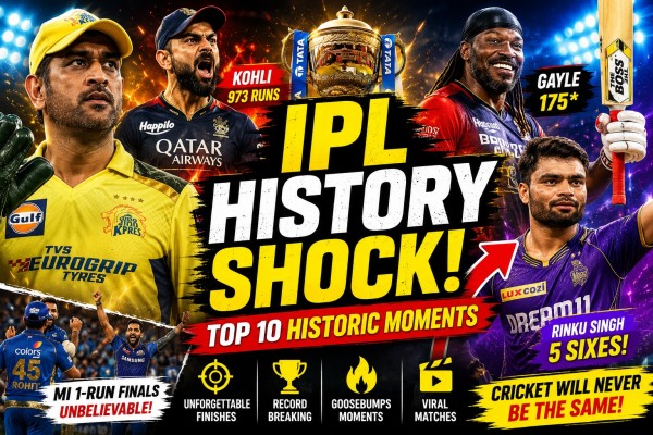 Historic Cricket Moment, IPL History Shock thumbnail showing top 10 historic cricket moments with Dhoni, Kohli, Gayle and Rinku Singh highlights in dramatic high-energy sports style
