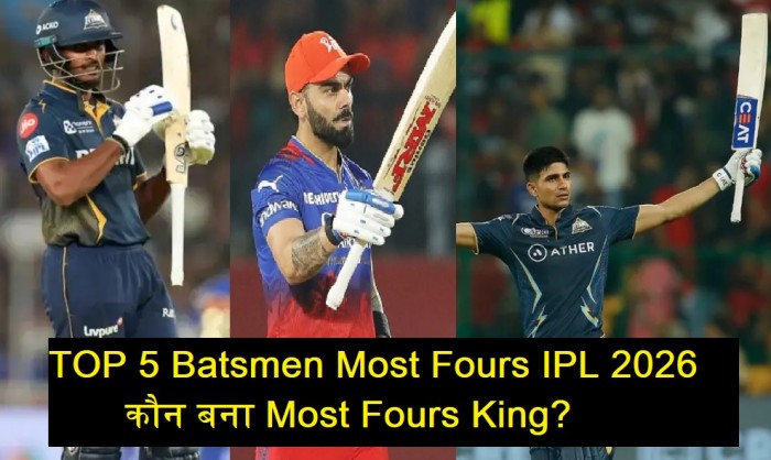 Most Fours IPL 2026 leaderboard Sai Sudharsan Virat Kohli Shubman Gill KL Rahul top batsmen IPL 2026 stats