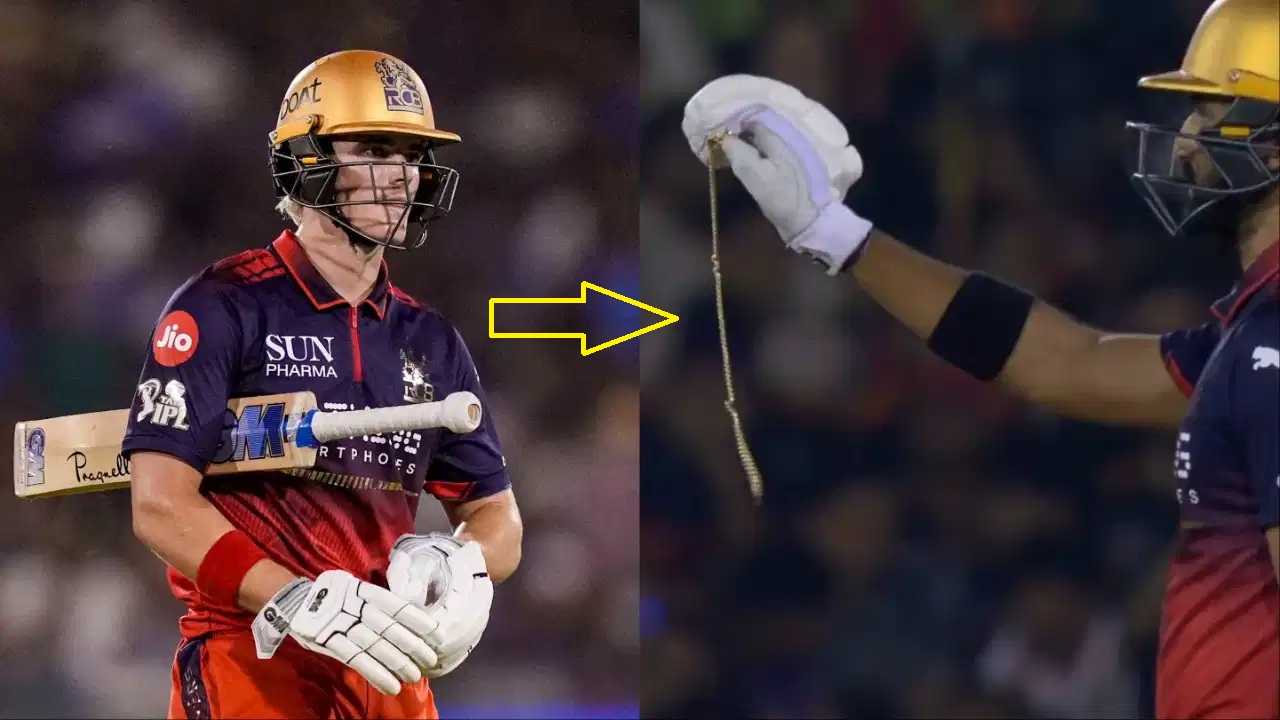 Jacob Bethell Gold Chain falls on pitch during RCB vs KKR IPL 2026 match as Devdutt Padikkal finds it