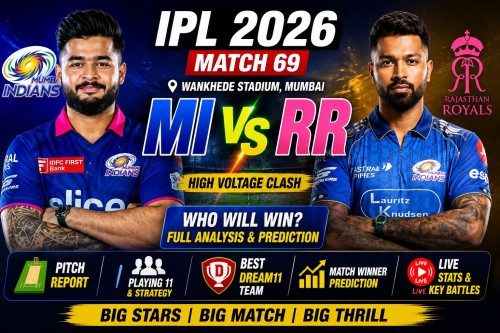 MI vs RR IPL 2026 Match 69 thumbnail showing both teams’ star players with bold “MI vs RR” title and match prediction highlights.