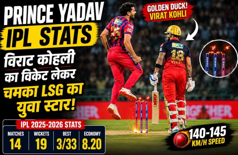Prince Yadav IPL Stats- Prince Yadav celebrating after dismissing Virat Kohli during LSG vs RCB IPL 2026 match with IPL stats and golden duck graphics thumbnail.