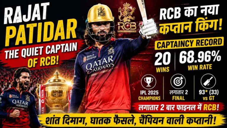 Rajat Patidar Captaincy Record thumbnail showing RCB captain celebrating after match-winning innings in IPL 2026