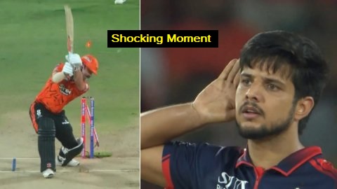 **Alt Text (with Keyphrase):** Rasikh Salam Yorker Wicket में Travis Head क्लीन बोल्ड होते हुए, RCB vs SRH IPL 2026 मैच में स्टंप उड़ने का शानदार मोमेंट।
