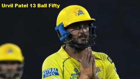 Urvil Patel celebrating after scoring fastest fifty in IPL 2026 for CSK against LSG