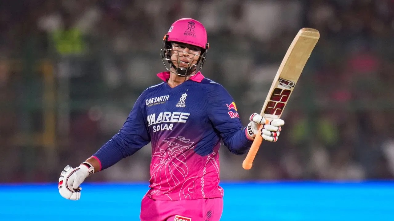 15-year-old Vaibhav Sooryavanshi 100 Sixes celebrating after hitting 100 T20 sixes world record during IPL match between Rajasthan Royals and Gujarat Titans