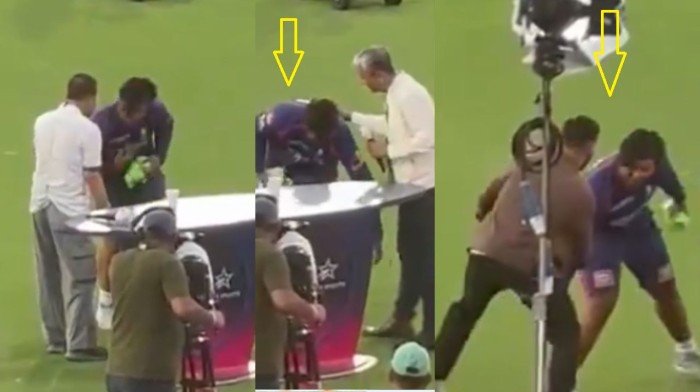Vaibhav Suryavanshi Sunil Gavaskar video IPL 2026,Vaibhav Suryavanshi touching Sunil Gavaskar and Sanjay Bangar feet before RR vs SRH IPL 2026 Eliminator match at Mullanpur Stadium.
