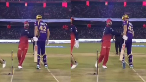 Virat Kohli Cameron Green Video during RCB vs KKR IPL 2026 showing Kohli playfully pushing Cameron Green on field