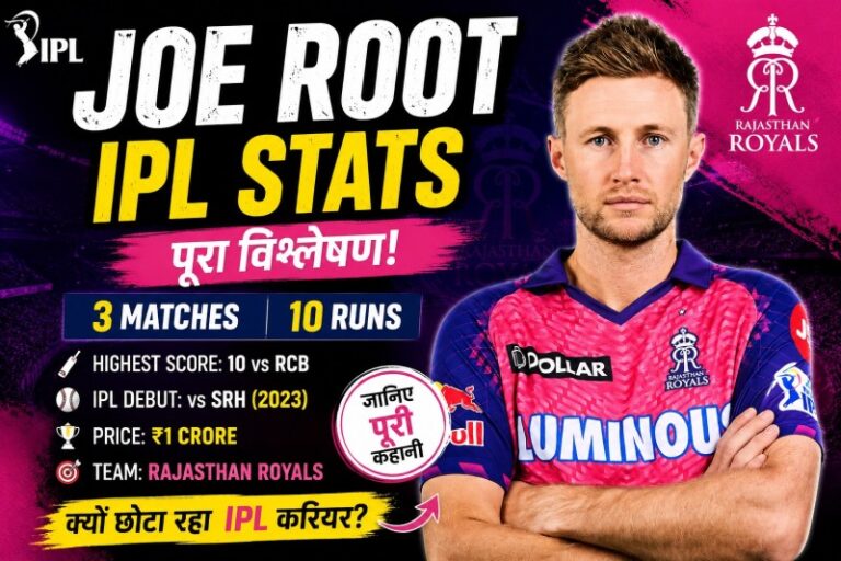 Joe Root IPL Stats thumbnail showing Rajasthan Royals player Joe Root in pink IPL jersey