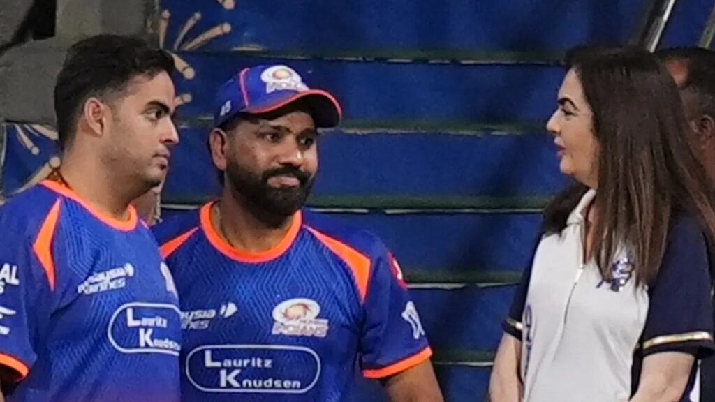 Nita Ambani gifting sunglasses to Rohit Sharma in MI dressing room after IPL 2026 win vs LSG