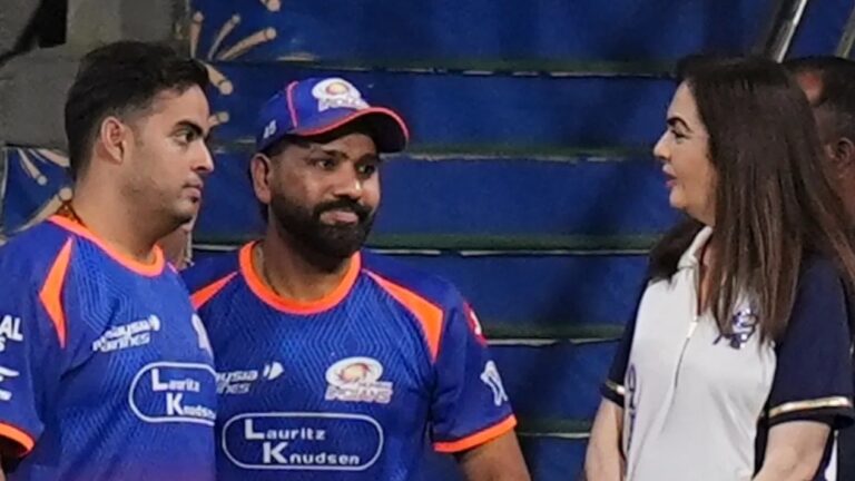 Nita Ambani gifting sunglasses to Rohit Sharma in MI dressing room after IPL 2026 win vs LSG