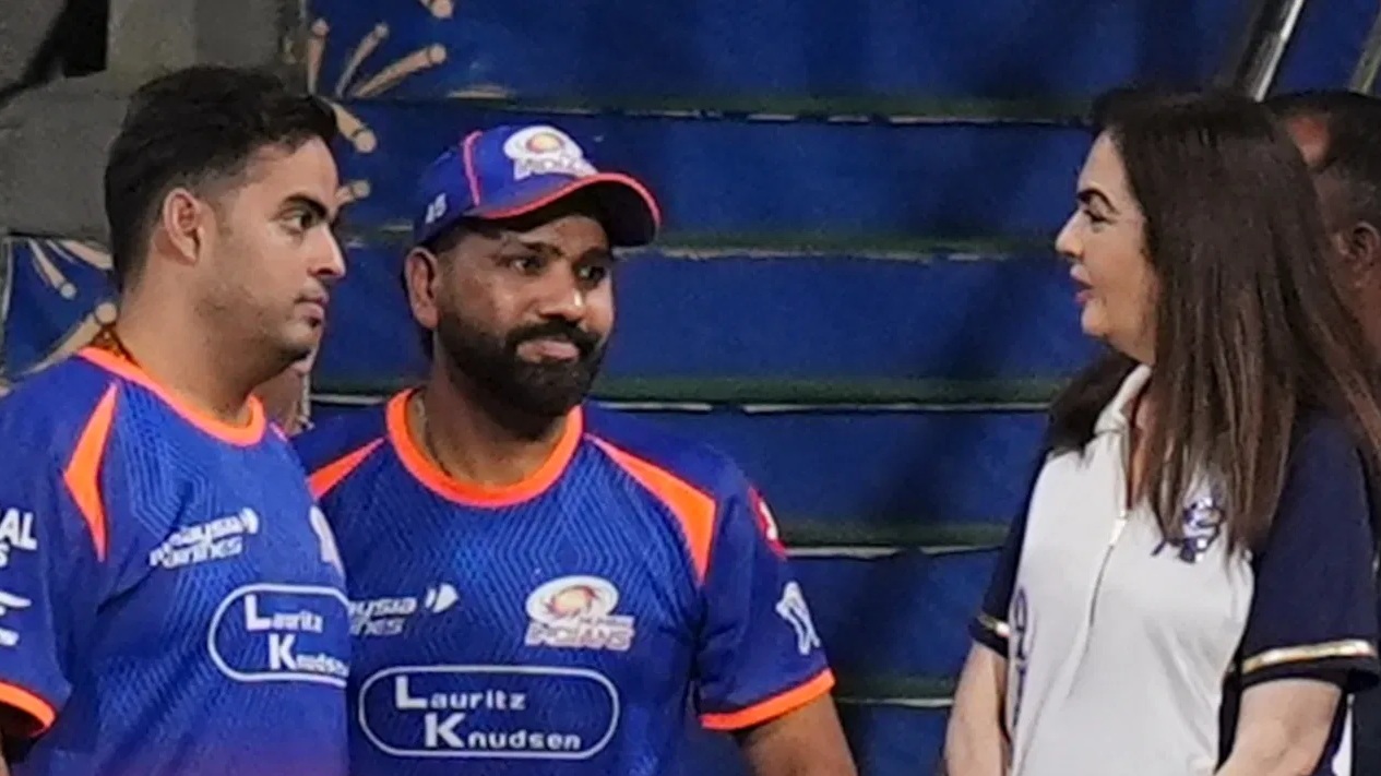 Nita Ambani gifting sunglasses to Rohit Sharma in MI dressing room after IPL 2026 win vs LSG