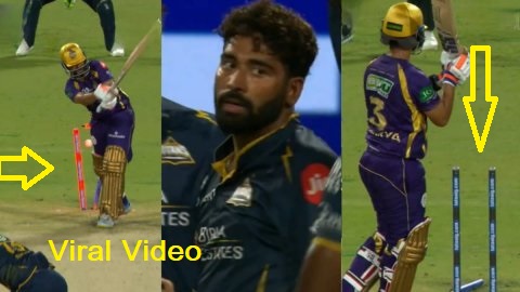 Mohammed Siraj Rahane Wicket video Ajinkya Rahane clean bowled by Siraj nip back delivery during KKR vs GT IPL 2026 match at Eden Gardens