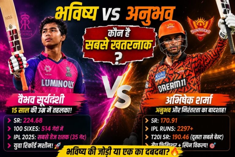 Vaibhav Sooryavanshi vs Abhishek Sharma comparison thumbnail showing IPL stats, strike rate, records, and most dangerous Indian T20 opener debate.