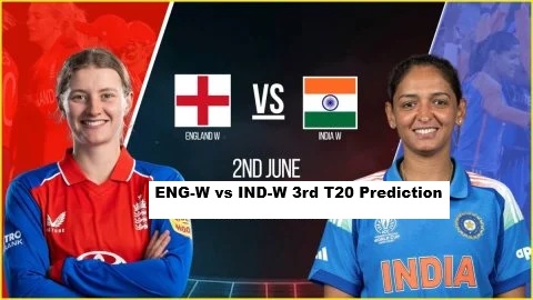 ENG-W vs IND-W 3rd T20 Prediction thumbnail featuring England Women and India Women captains ahead of the decisive T20 match at County Ground Taunton, highlighting match prediction, pitch report, playing XI and winning chances.