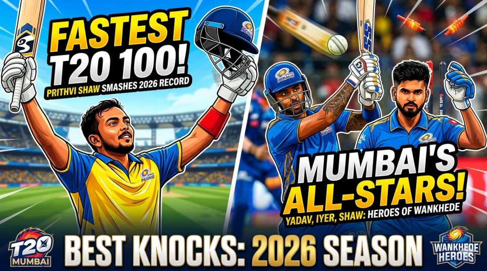 Fastest Century in T20 Mumbai Season 4 record breaking celebration banner with local batsmen hitting stats