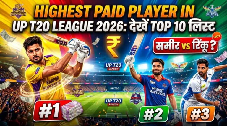 Highest Paid Player UP T20 League 2026 featuring Sameer Rizvi, Rinku Singh and Bhuvneshwar Kumar with UP T20 League salary list and top earning cricketers ranking.