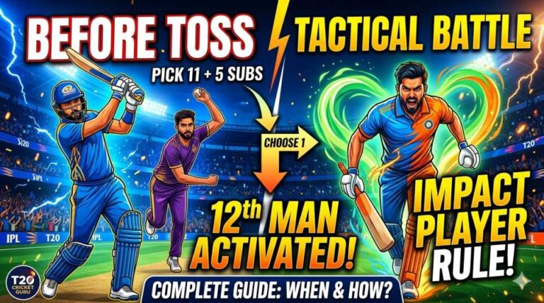 A vibrant cricket infographic featuring professional batsmen and bowlers on field, detailing how does impact player rule work in T20 matches