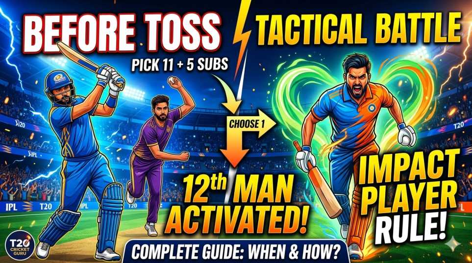A vibrant cricket infographic featuring professional batsmen and bowlers on field, detailing how does impact player rule work in T20 matches