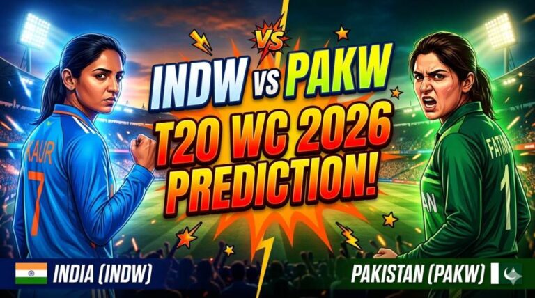 INDW vs PAKW T20 WC 2026 Prediction match analysis banner featuring India vs Pakistan women playing 11 and pitch report detail