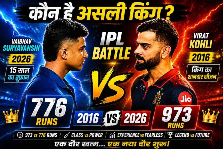 Kohli vs Suryavanshi IPL Battle thumbnail showing Virat Kohli vs Vaibhav Suryavanshi face-off with 973 vs 776 runs, 2016 vs 2026 IPL comparison, explosive T20 cricket rivalry and GOAT debate visual.