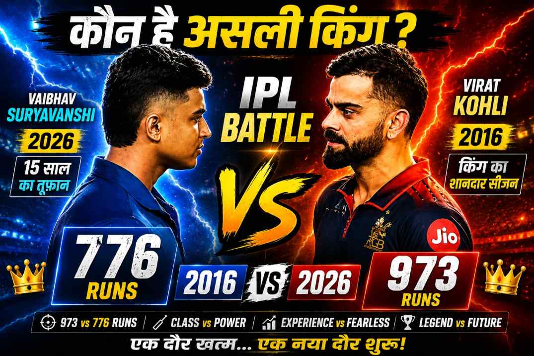 Kohli vs Suryavanshi IPL Battle thumbnail showing Virat Kohli vs Vaibhav Suryavanshi face-off with 973 vs 776 runs, 2016 vs 2026 IPL comparison, explosive T20 cricket rivalry and GOAT debate visual.