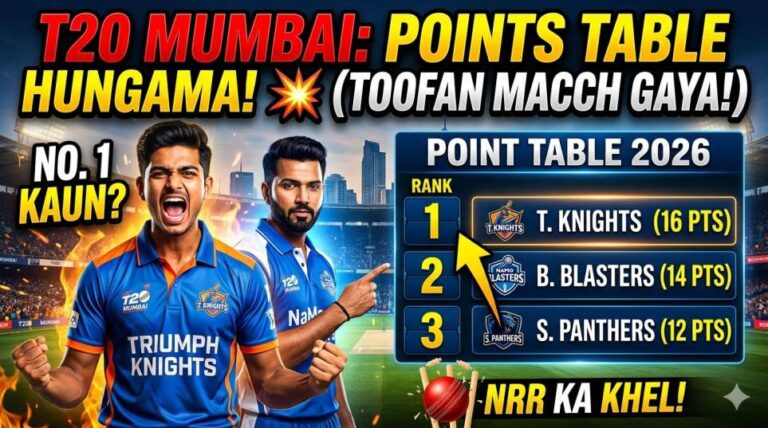 Latest T20 Mumbai League 2026 point table graphic showing the team rankings, total points, wins, losses, and net run rate (NRR) updates