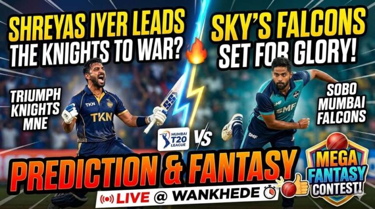 Triumph Knights MNE vs SoBo Mumbai Falcons Match Prediction thumbnail featuring Suryakumar Yadav and Shreyas Iyer for T20 Mumbai League 2026 at Wankhede Stadium.