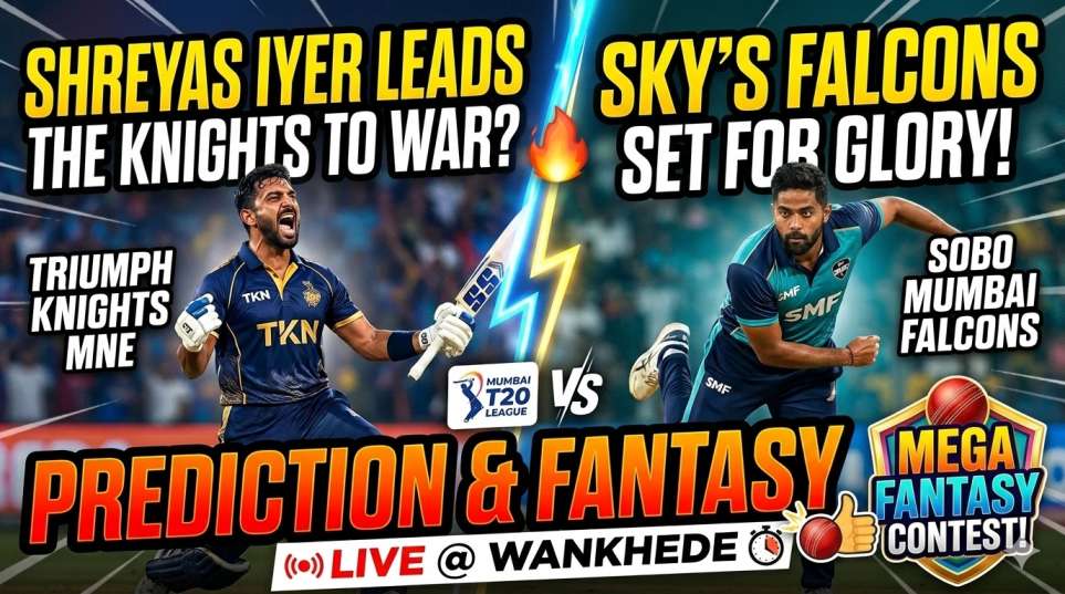 Triumph Knights MNE vs SoBo Mumbai Falcons Match Prediction thumbnail featuring Suryakumar Yadav and Shreyas Iyer for T20 Mumbai League 2026 at Wankhede Stadium.